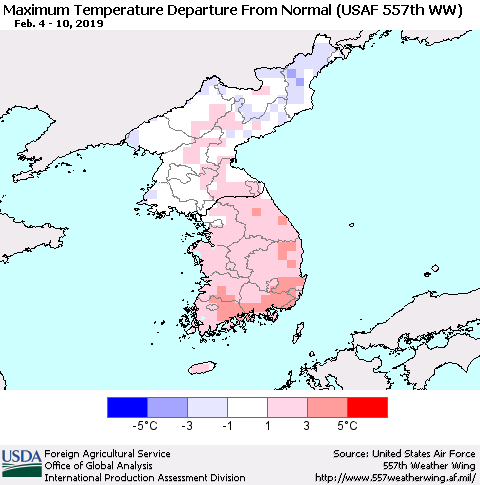 Korea Mean Maximum Temperature Departure from Normal (USAF 557th WW) Thematic Map For 2/4/2019 - 2/10/2019