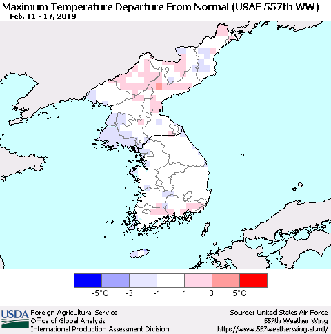 Korea Mean Maximum Temperature Departure from Normal (USAF 557th WW) Thematic Map For 2/11/2019 - 2/17/2019