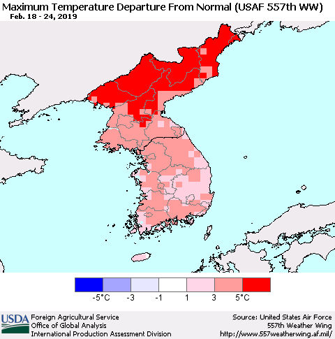 Korea Mean Maximum Temperature Departure from Normal (USAF 557th WW) Thematic Map For 2/18/2019 - 2/24/2019