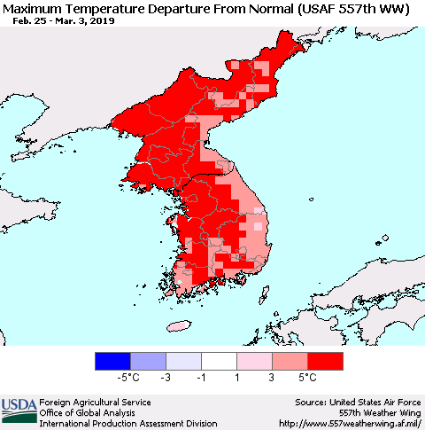 Korea Mean Maximum Temperature Departure from Normal (USAF 557th WW) Thematic Map For 2/25/2019 - 3/3/2019