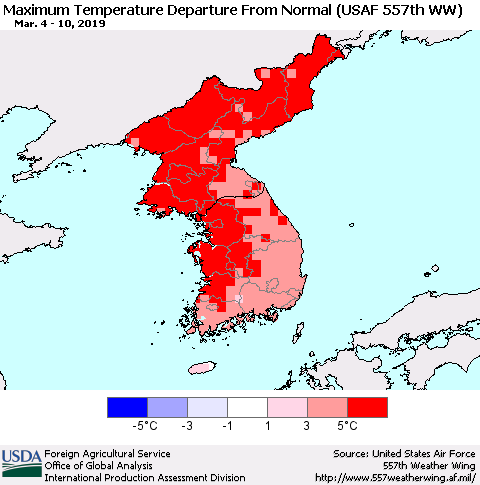 Korea Mean Maximum Temperature Departure from Normal (USAF 557th WW) Thematic Map For 3/4/2019 - 3/10/2019