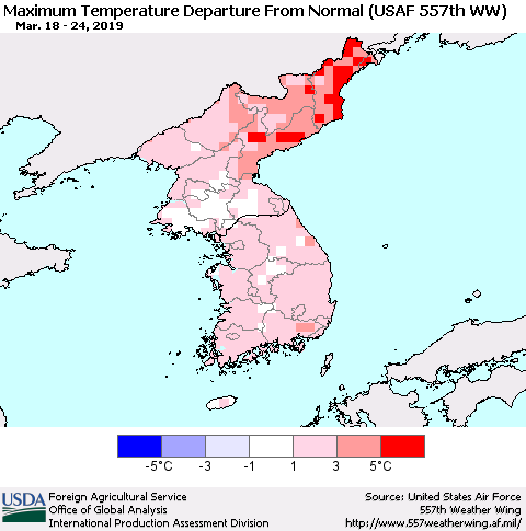 Korea Mean Maximum Temperature Departure from Normal (USAF 557th WW) Thematic Map For 3/18/2019 - 3/24/2019