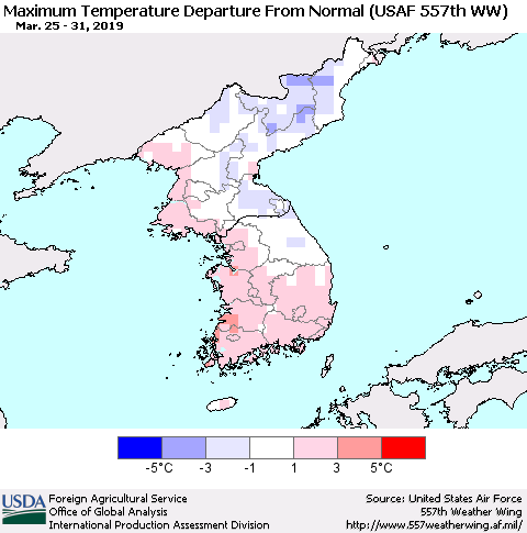 Korea Mean Maximum Temperature Departure from Normal (USAF 557th WW) Thematic Map For 3/25/2019 - 3/31/2019