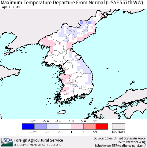 Korea Mean Maximum Temperature Departure from Normal (USAF 557th WW) Thematic Map For 4/1/2019 - 4/7/2019