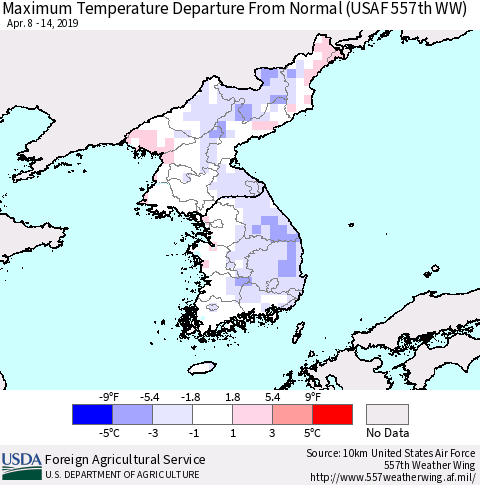 Korea Mean Maximum Temperature Departure from Normal (USAF 557th WW) Thematic Map For 4/8/2019 - 4/14/2019