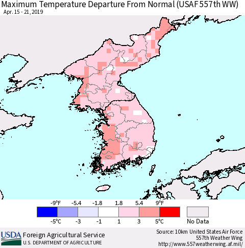 Korea Mean Maximum Temperature Departure from Normal (USAF 557th WW) Thematic Map For 4/15/2019 - 4/21/2019