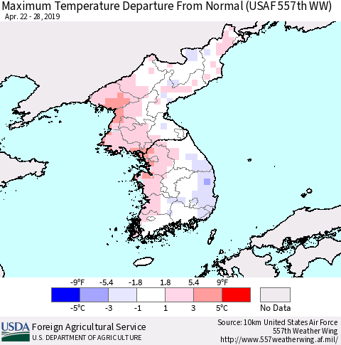 Korea Mean Maximum Temperature Departure from Normal (USAF 557th WW) Thematic Map For 4/22/2019 - 4/28/2019