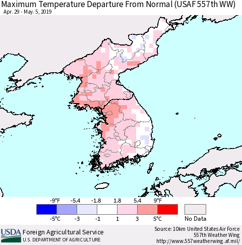 Korea Mean Maximum Temperature Departure from Normal (USAF 557th WW) Thematic Map For 4/29/2019 - 5/5/2019