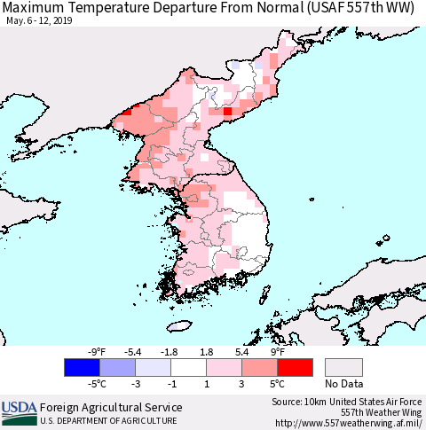 Korea Mean Maximum Temperature Departure from Normal (USAF 557th WW) Thematic Map For 5/6/2019 - 5/12/2019