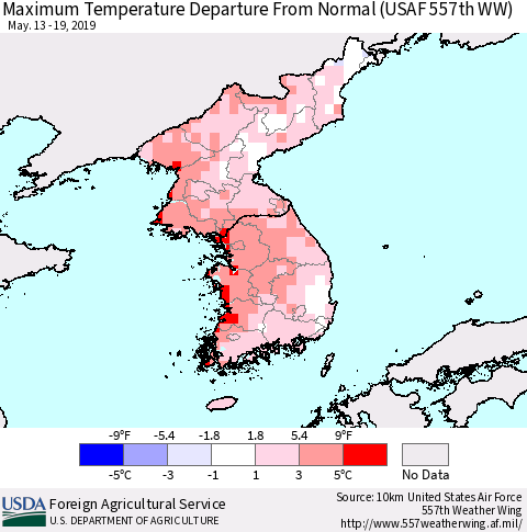 Korea Mean Maximum Temperature Departure from Normal (USAF 557th WW) Thematic Map For 5/13/2019 - 5/19/2019