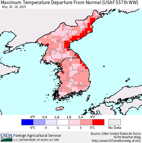 Korea Mean Maximum Temperature Departure from Normal (USAF 557th WW) Thematic Map For 5/20/2019 - 5/26/2019