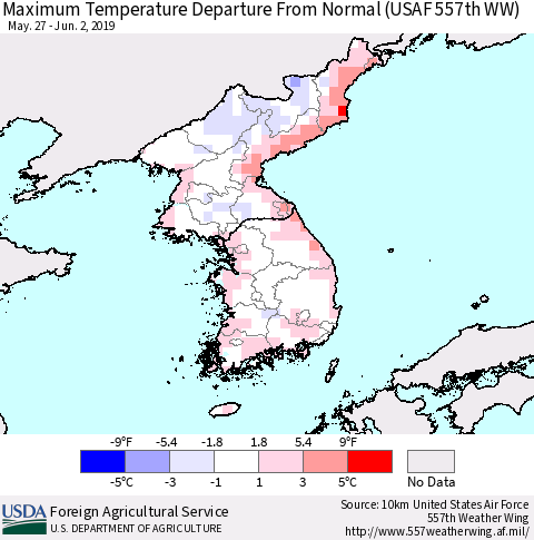 Korea Mean Maximum Temperature Departure from Normal (USAF 557th WW) Thematic Map For 5/27/2019 - 6/2/2019