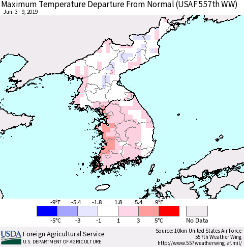 Korea Mean Maximum Temperature Departure from Normal (USAF 557th WW) Thematic Map For 6/3/2019 - 6/9/2019