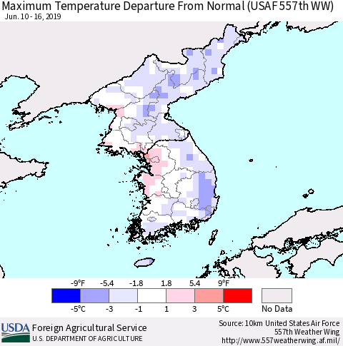 Korea Mean Maximum Temperature Departure from Normal (USAF 557th WW) Thematic Map For 6/10/2019 - 6/16/2019
