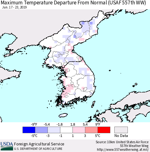 Korea Mean Maximum Temperature Departure from Normal (USAF 557th WW) Thematic Map For 6/17/2019 - 6/23/2019