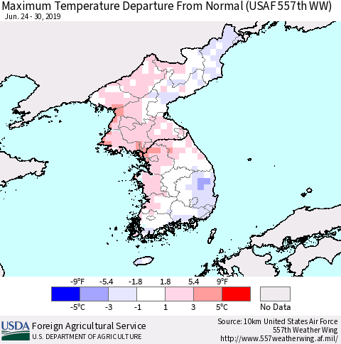 Korea Mean Maximum Temperature Departure from Normal (USAF 557th WW) Thematic Map For 6/24/2019 - 6/30/2019