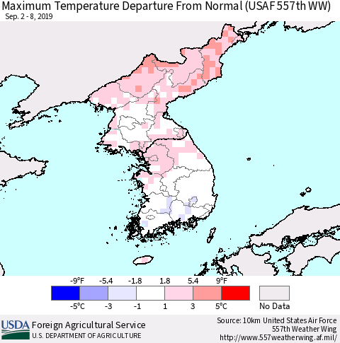 Korea Mean Maximum Temperature Departure from Normal (USAF 557th WW) Thematic Map For 9/2/2019 - 9/8/2019