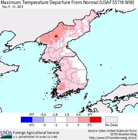 Korea Mean Maximum Temperature Departure from Normal (USAF 557th WW) Thematic Map For 9/9/2019 - 9/15/2019