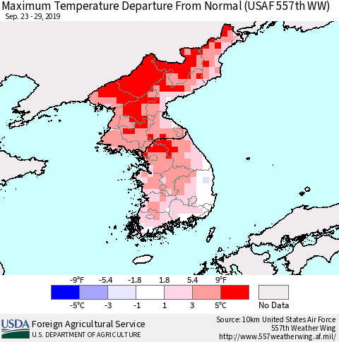 Korea Mean Maximum Temperature Departure from Normal (USAF 557th WW) Thematic Map For 9/23/2019 - 9/29/2019