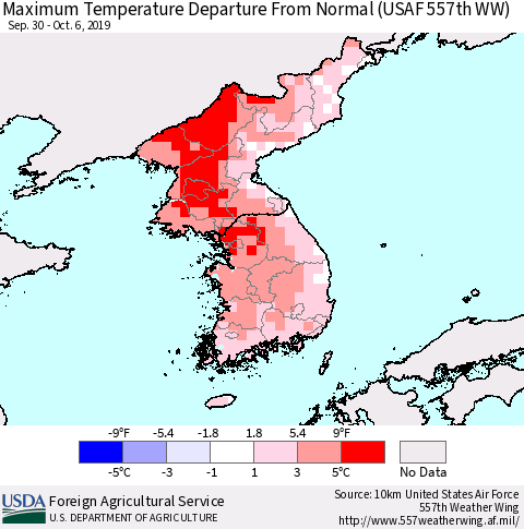 Korea Mean Maximum Temperature Departure from Normal (USAF 557th WW) Thematic Map For 9/30/2019 - 10/6/2019