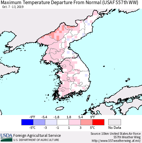 Korea Mean Maximum Temperature Departure from Normal (USAF 557th WW) Thematic Map For 10/7/2019 - 10/13/2019