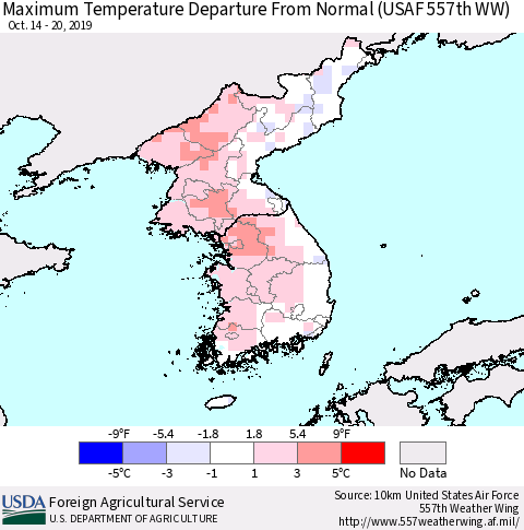 Korea Mean Maximum Temperature Departure from Normal (USAF 557th WW) Thematic Map For 10/14/2019 - 10/20/2019