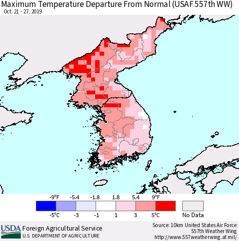 Korea Mean Maximum Temperature Departure from Normal (USAF 557th WW) Thematic Map For 10/21/2019 - 10/27/2019