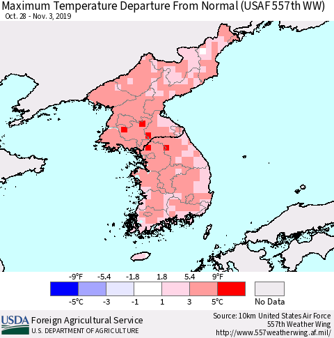 Korea Mean Maximum Temperature Departure from Normal (USAF 557th WW) Thematic Map For 10/28/2019 - 11/3/2019