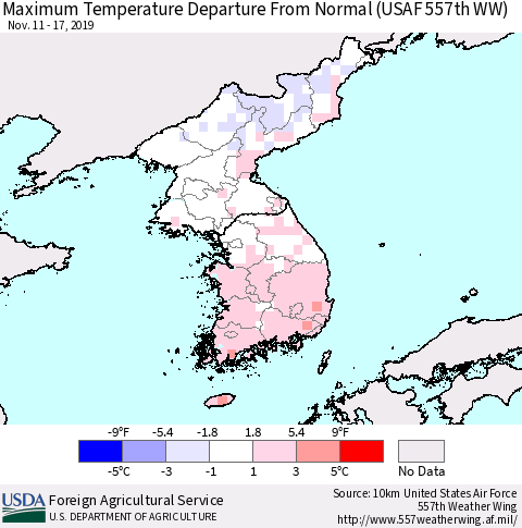 Korea Mean Maximum Temperature Departure from Normal (USAF 557th WW) Thematic Map For 11/11/2019 - 11/17/2019