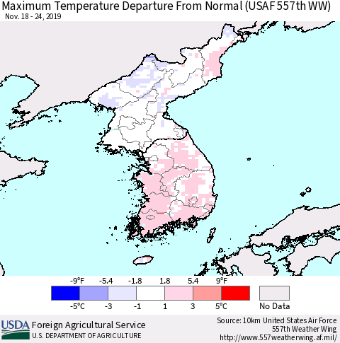 Korea Mean Maximum Temperature Departure from Normal (USAF 557th WW) Thematic Map For 11/18/2019 - 11/24/2019