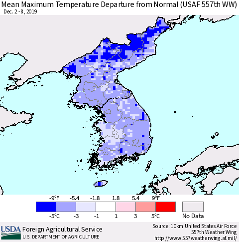 Korea Mean Maximum Temperature Departure from Normal (USAF 557th WW) Thematic Map For 12/2/2019 - 12/8/2019