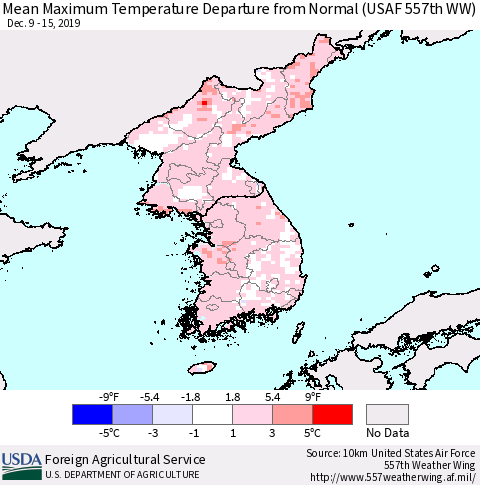 Korea Mean Maximum Temperature Departure from Normal (USAF 557th WW) Thematic Map For 12/9/2019 - 12/15/2019