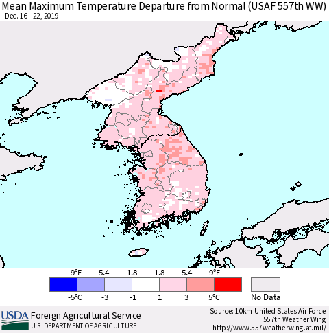 Korea Mean Maximum Temperature Departure from Normal (USAF 557th WW) Thematic Map For 12/16/2019 - 12/22/2019