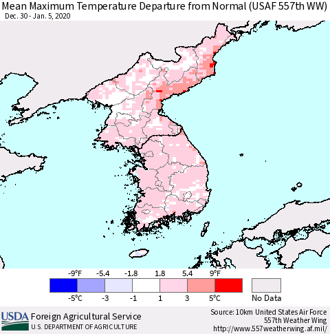 Korea Mean Maximum Temperature Departure from Normal (USAF 557th WW) Thematic Map For 12/30/2019 - 1/5/2020