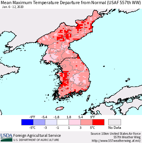 Korea Mean Maximum Temperature Departure from Normal (USAF 557th WW) Thematic Map For 1/6/2020 - 1/12/2020