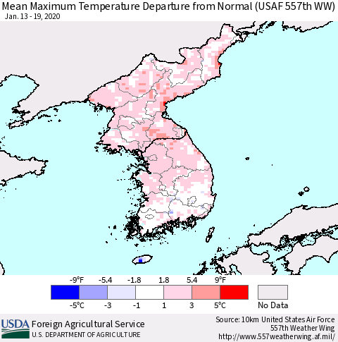 Korea Mean Maximum Temperature Departure from Normal (USAF 557th WW) Thematic Map For 1/13/2020 - 1/19/2020