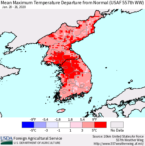 Korea Mean Maximum Temperature Departure from Normal (USAF 557th WW) Thematic Map For 1/20/2020 - 1/26/2020