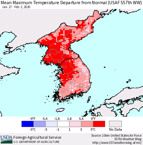 Korea Mean Maximum Temperature Departure from Normal (USAF 557th WW) Thematic Map For 1/27/2020 - 2/2/2020