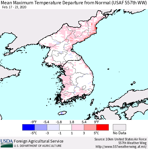 Korea Mean Maximum Temperature Departure from Normal (USAF 557th WW) Thematic Map For 2/17/2020 - 2/23/2020