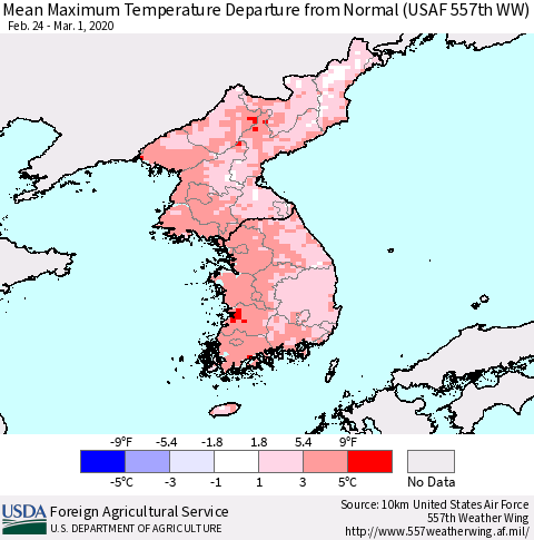 Korea Mean Maximum Temperature Departure from Normal (USAF 557th WW) Thematic Map For 2/24/2020 - 3/1/2020
