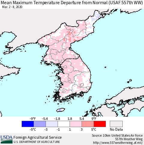 Korea Mean Maximum Temperature Departure from Normal (USAF 557th WW) Thematic Map For 3/2/2020 - 3/8/2020