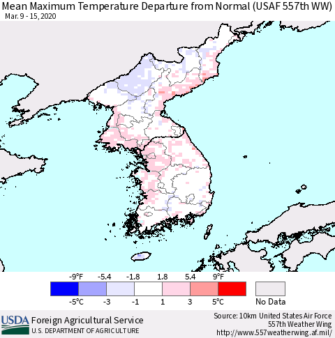 Korea Mean Maximum Temperature Departure from Normal (USAF 557th WW) Thematic Map For 3/9/2020 - 3/15/2020