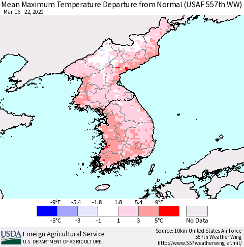 Korea Mean Maximum Temperature Departure from Normal (USAF 557th WW) Thematic Map For 3/16/2020 - 3/22/2020