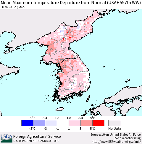 Korea Mean Maximum Temperature Departure from Normal (USAF 557th WW) Thematic Map For 3/23/2020 - 3/29/2020