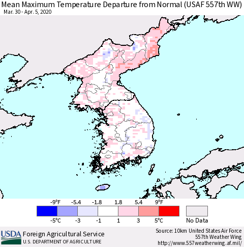 Korea Mean Maximum Temperature Departure from Normal (USAF 557th WW) Thematic Map For 3/30/2020 - 4/5/2020