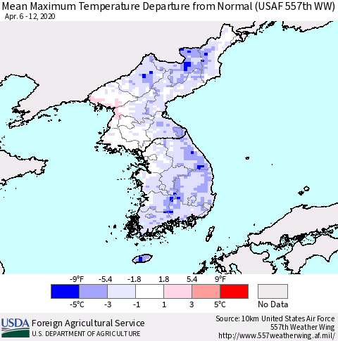 Korea Mean Maximum Temperature Departure from Normal (USAF 557th WW) Thematic Map For 4/6/2020 - 4/12/2020