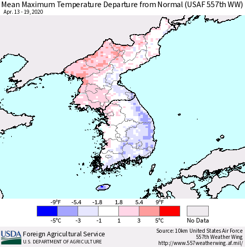 Korea Mean Maximum Temperature Departure from Normal (USAF 557th WW) Thematic Map For 4/13/2020 - 4/19/2020