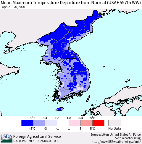 Korea Mean Maximum Temperature Departure from Normal (USAF 557th WW) Thematic Map For 4/20/2020 - 4/26/2020