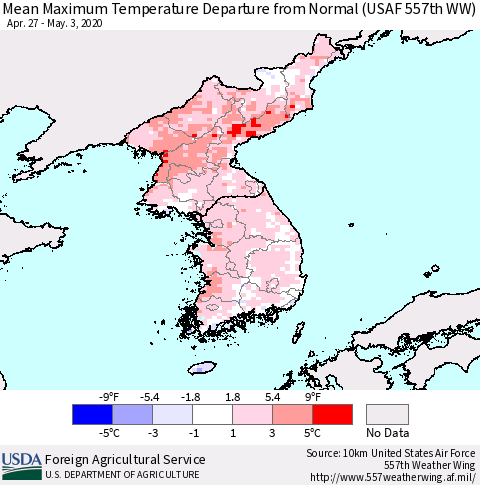 Korea Mean Maximum Temperature Departure from Normal (USAF 557th WW) Thematic Map For 4/27/2020 - 5/3/2020