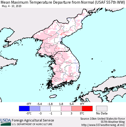 Korea Mean Maximum Temperature Departure from Normal (USAF 557th WW) Thematic Map For 5/4/2020 - 5/10/2020